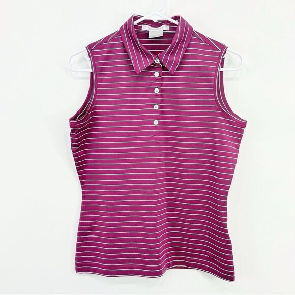 Nike Dri-Fit Magenta Stripe Sleeveless Quarter Button Performance Golf Shirt - Picture 2 of 16